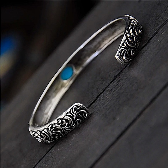 Sterling Silver Turquoise Engraved Bangle Cuff Vintage Bracelet - Picture 7 of 9